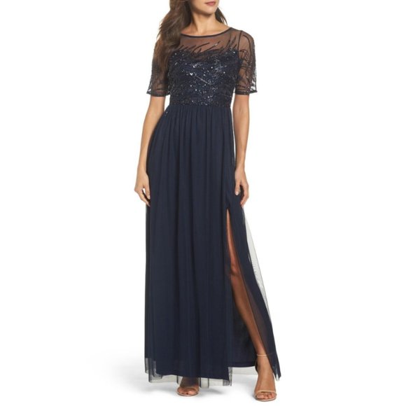 Adrianna Papell Formal Dress Beaded Sequin Womens 4 Navy Blue Short Sleeve Maxi - Picture 16 of 16